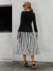 SHEIN Clasi Solid Tee & Striped Belted Skirt - Multicolor - View 2