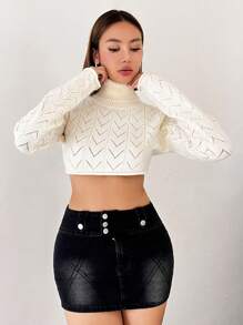 SHEIN ICON Turtleneck Pointelle Knit Micro Crop Sweater