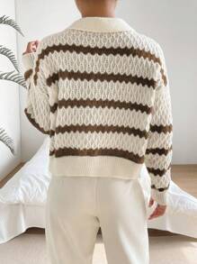 Chiquease Striped Pattern Drop Shoulder Sweater,Long Sleeve Tops Knit Pullover Fall Winter Sweater - Khaki - View 2
