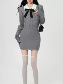 Contrast Collar Bow Front Sweater Dress - Light Grey - View 1