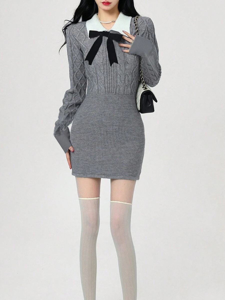 Contrast Collar Bow Front Sweater Dress - Light Grey - View 1