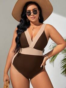 SHEIN Swim Curve Summer Beach Plus Colorblock Plunging Neck One Piece Swimsuit