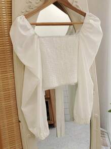 DAZY Cà vạt phía trước Ruched Bust Tay áo đèn lồng Áo Milkmaid - trắng - Xem 2