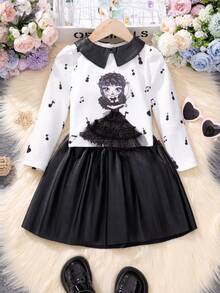 SHEIN 女小童人像圖案拼接領T恤和裙子 - 黑與白 - 查看 7