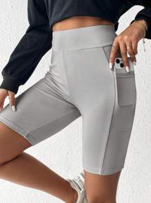 SHEIN SXY Wideband Waist Biker Shorts With Phone Pocket - Light Grey - View 6