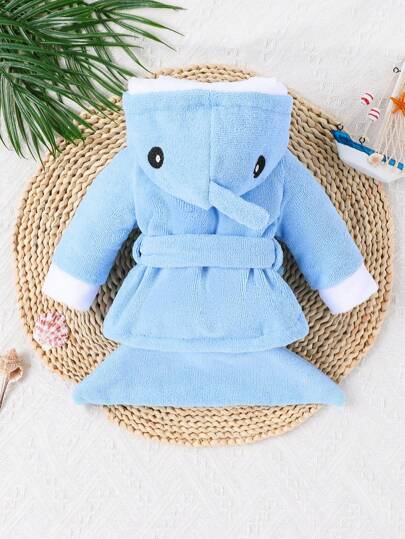 Baby Boy Cartoon Embroidery 3D Ear Design Hooded Belted Flannel Costume Coat