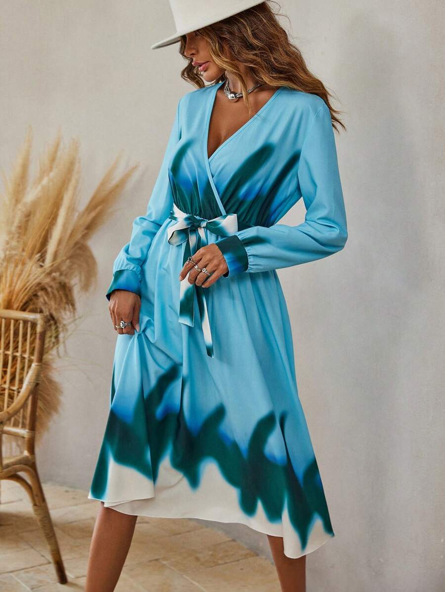Breezaya Chevron Print Belted A-Line Wrap Detail Belted Dress