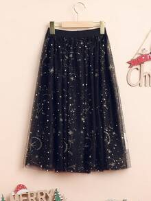 SHEIN Tween Girl Gold Star Print Mesh Overlay Skirt - Black - View 2