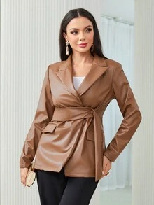 Modelyn 西裝領腰帶PU皮革西裝外套 - 卡其色 - 查看 5