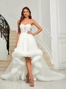 SHEIN Belle Vestido De Novia De Cami Con Alta Baja Superposición De Malla Y Escote Retorcido Con El Busto Fruncido - Blanco - Ver 2