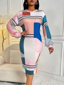SHEIN Lady 條紋和幾何圖案撞色落肩袖緊身洋裝 - 彩色 - 查看 4