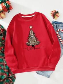 SHEIN EZwear 大碼聖誕圖案加絨內裏運動衫 - 紅色 - 查看 4