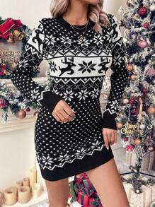 SHEIN LUNE 聖誕麋鹿&幾何圖案毛衣洋裝 - 黑與白 - 查看 6