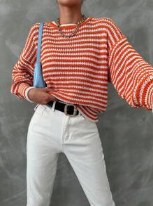 EURMUSE Striped Pattern Drop Shoulder Sweater - Orange - View 3