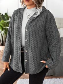 Calvaya Plus Cable Knit Hooded Coat - Dark Grey - View 5