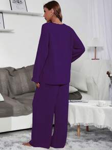Mulvari Solid Drop Shoulder Sweater & Knit Pants - Purple - View 2
