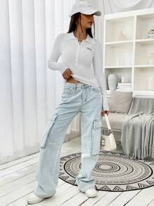 SHEIN EZwear Letter Patched Detail Ribbed Knit Half Button Front Sweater - White - View 5