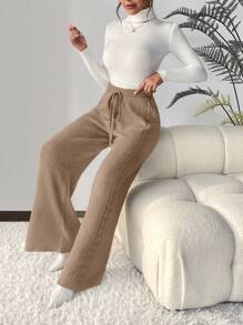 SHEIN Frenchy Drawstring Waist Wide Leg Knit Pants - Camel - View 6