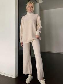 Solid Turtleneck Drop Shoulder Sweater & Knit Pants - Apricot - View 5