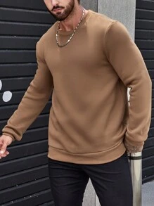 Manfinity Homme Hombres Sudadera unicolor de cuello redondo con forro térmico - Marrón - Ver 4