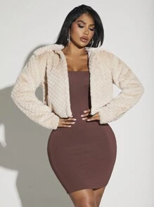 SHEIN SXY 素色開門襟短款毛茸茸外套 - 杏色 - 查看 4