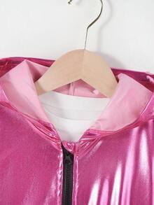 SHEIN Young Girl Slogan Patched Zip Up Hooded Jacket Without Tee - Pink - View 5