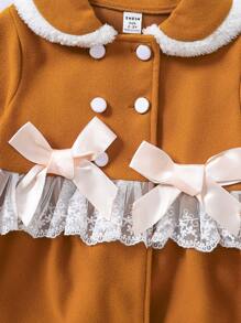 Baby Girl Contrast Lace Ruffle Trim Double Breasted Bow Front Peter Pan Collar Double Button Overcoat - Camel - View 5