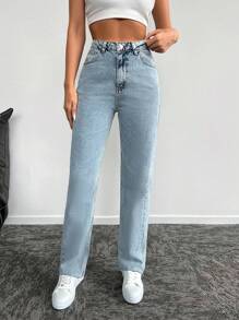 EURMUSE 100%纯棉高腰斜插口袋牛仔裤 - 藍色 - 查看 4