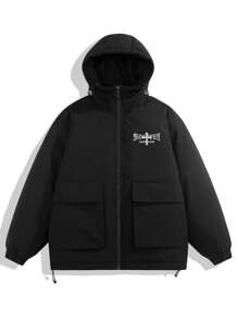 Men Letter Cross Graphic Flap Pocket Drawstring Hem Hooded Padded Coat - Black - View 1
