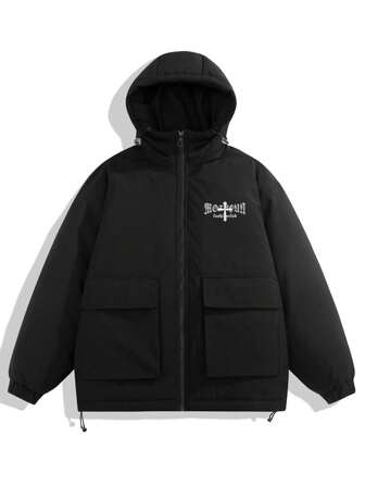 Men Letter Cross Graphic Flap Pocket Drawstring Hem Hooded Padded Coat