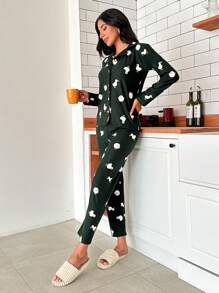 RueChic Cartoon Graphic PJ Set - Green - View 5