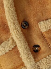 SHEIN 女嬰拼接邊毛絨內襯單排釦仿麂皮外套 - 棕色 - 查看 5