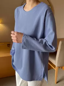 DAZY 素色落肩袖下擺開叉T恤 - 藍色 - 查看 1