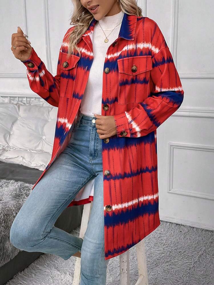 Tie Dye Drop Shoulder Flap Detail Drop Shoulder Flap Pocket Coat