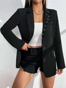 SHEIN Essnce 金屬氣眼細節單排釦西裝外套 - 黑色 - 查看 6