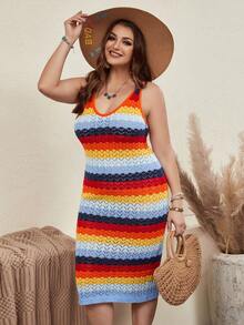 SHEIN VCAY Plus Colorblock Pointelle Knit Sweater Dress - Multicolor - View 3