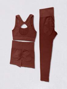 Easithlete 无缝高腰镂空后背运动套装 - 咖啡棕 - 查看 4