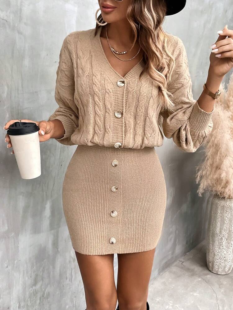 Cable Knit Drop Shoulder Button Detail Sweater Dress Fall Winter Cloth For Women
