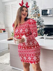 SHEIN Essnce 大碼聖誕圖案羊腿袖拼接毛茸茸袖口緊身洋裝 - 彩色 - 查看 3