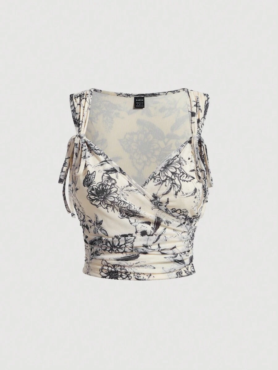 SHEIN MOD Floral Print Wrap Ruched Tank Top - Multicolor - View 1