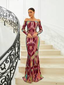 Missord Off Shoulder Mermaid Hem Sequin Formal Dress - Red - View 4