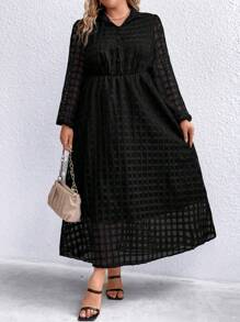 SHEIN LUNE Plus Plaid Pattern Lantern Sleeve Shirt Dress - Black - View 4