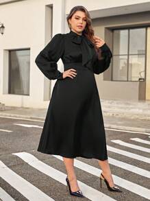 SHEIN Privé Plus Tie Neck Lantern Sleeve Dress - Black - View 6