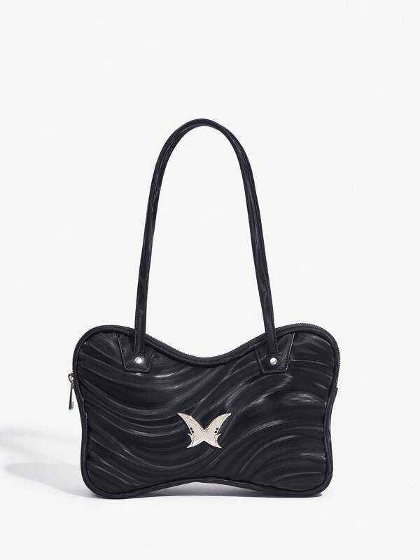SHEIN ICON Gradient Fashion Butterfly Decorated Women's Shoulder Bag, Black Pu Leather, Simple & Versatile With Multiple Pockets And Zipper Closure