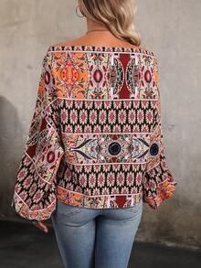 SHEIN Clasi Allover Print Off Shoulder Lantern Sleeve Blouse - Black - View 2