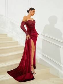 Missord Off Shoulder Contrast Sequin Ruched Split Thigh Formal Dress - Burgundy - View 3