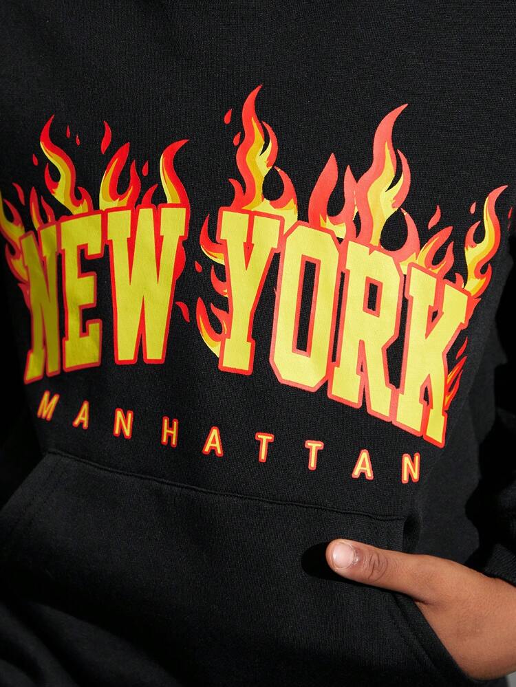 2pcs/Set Tween Boys Casual Printed Hoodie And Printed Pants Knit Fleece Thickened Outfit