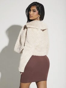 SHEIN SXY 素色開門襟短款毛茸茸外套 - 杏色 - 查看 2