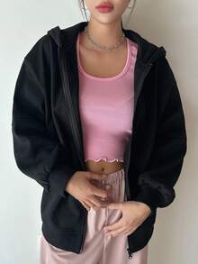 DAZY Solid Drop Shoulder Zip Up Oversized Hoodie - Black - View 2