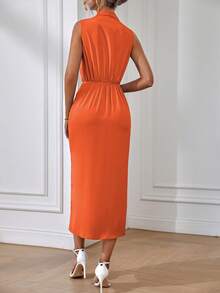 SHEIN Clasi Khăn quàng Chi tiết Nút Xù Tách đùi Đầm - trái cam - Xem 2